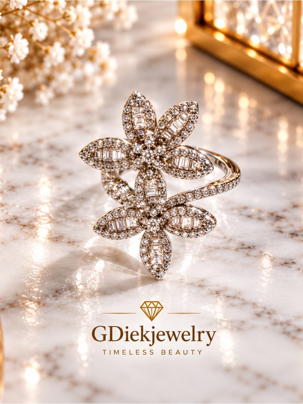 Sterling Silver 925  Floral Crystal Double-Flower Ring